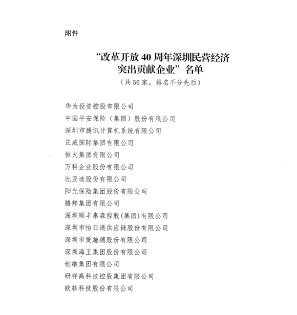 喜讯，新宝GG供应链荣获“改革开放40周年深圳民营经济突出贡献企业”称号  